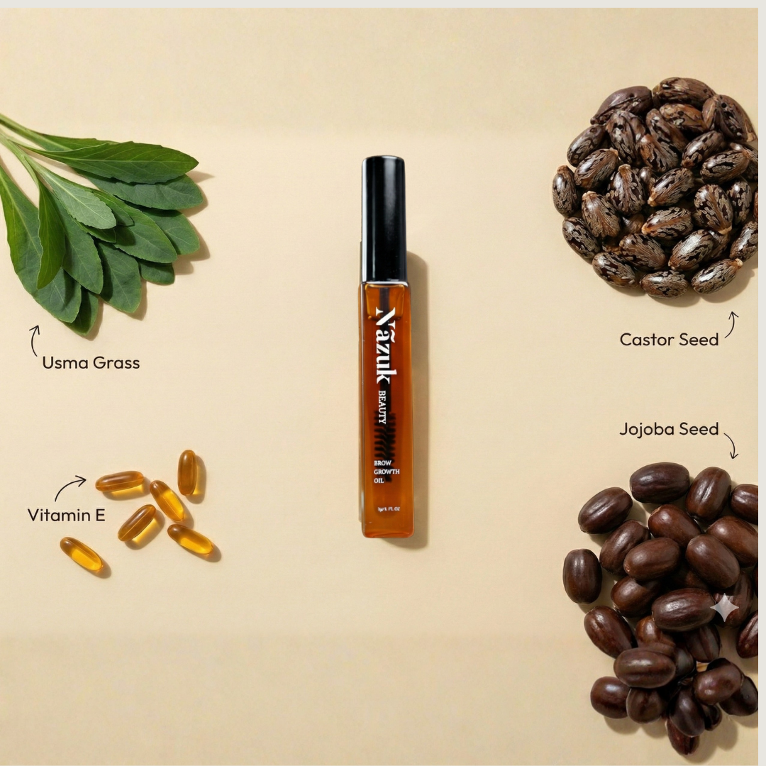 Brow Growth Oil ingredients - castor oil, jojoba oil, and Usma Grass blend