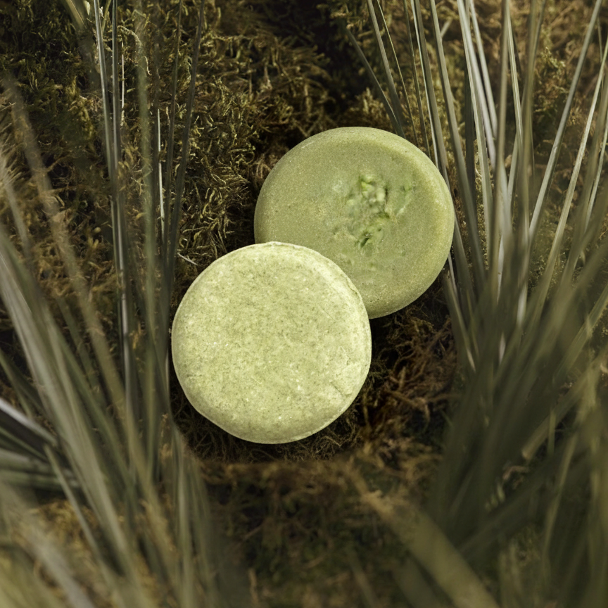 Two green soap bars on a bed of moss and grass
