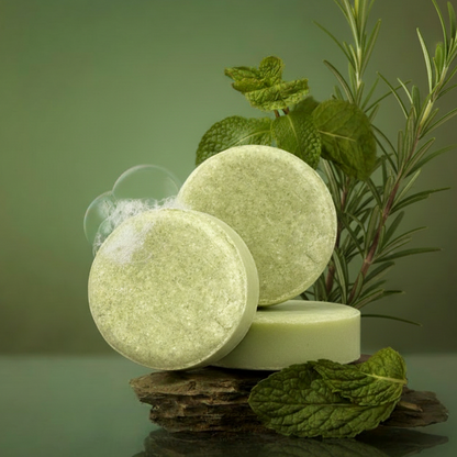 green shampoo bars on a stone surface with green leaves and plants in the background.